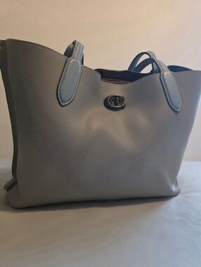Coach Gray Pebbled Leather Tote with Light Blue Trim